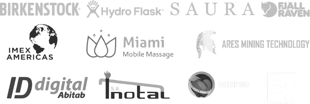 Logos de clientes de Partex: Birkenstock, Hydro Flask, SAURA, IMEX Americas, Miami Mobile Massage, ARES Mining Technology, ID digital Abitab, Inotal y más
